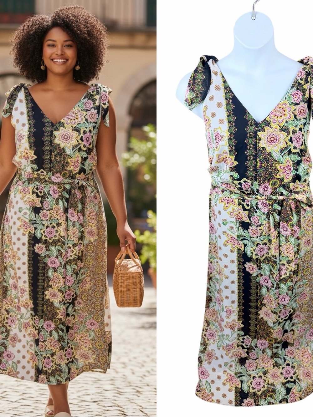 Boho Floral Paisley Mixed Print Patchwork Maxi Dress Tie Shoulder Belted